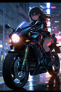 a woman riding on the back of a motorcycle down a rain soaked street at night