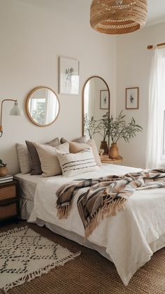 a white bed sitting in a bedroom next to a window