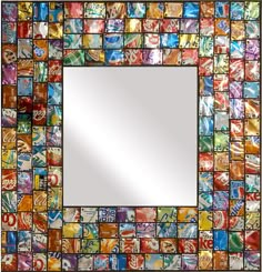 a mirror that is made out of many different colored glass tiles and has a square shaped frame