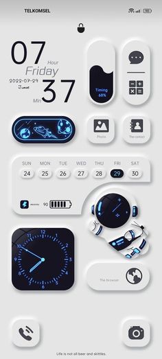 a bunch of different types of buttons and numbers on a white background with blue lights