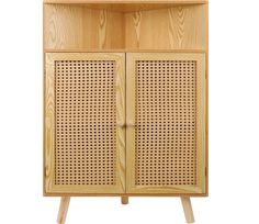 a wooden cabinet with perforated doors and two drawers on one side, against a white background