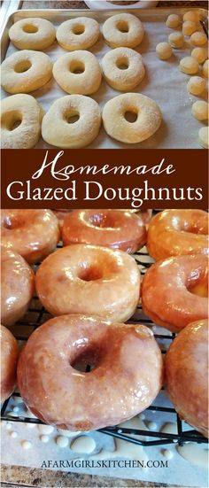 homemade glazed doughnuts on a cooling rack with the words, homemade glazed doughnuts