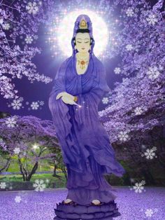 an image of a buddha statue in the middle of purple flowers with trees and grass