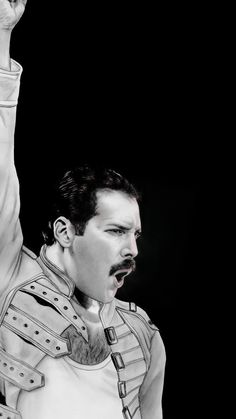 a black and white photo of a man in uniform holding his hand up to the sky