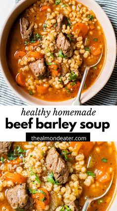 two bowls filled with beef barley soup