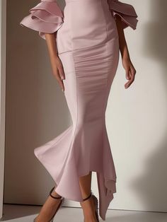 Pink Ruffled Short Sleeves V Neck Maxi Elegant Flounce Dress | fehaute Elegant Ruffled Mermaid Evening Dress, Spring Banquet Fitted Mermaid Dress, Elegant Ruched Skirt For Formal Occasions, Elegant Fitted Dress With Ruffled Skirt, Elegant Dresses With Ruffles And Mermaid Hem, Elegant Mermaid Hem Dress With Ruffles, Elegant Evening Dress With Ruffles And Mermaid Hem, Fitted Ruffle Evening Dress For Dinner, Elegant Formal Bodycon Mermaid Dress