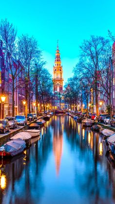 boats are parked on the water in front of some buildings and trees at night time