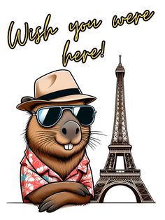 an animal wearing sunglasses and a hat next to the eiffel tower