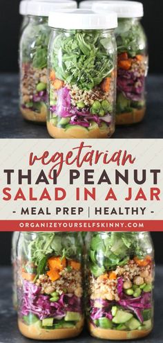 three mason jars filled with salads and the words vegetarian thaa peanut salad in a jar