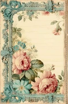 an ornate frame with pink flowers and green leaves on the border is painted in pastel blue