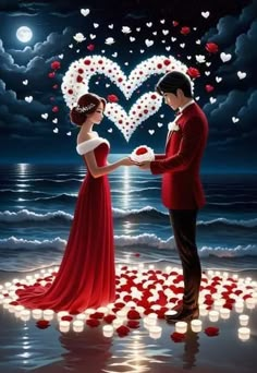 a man and woman are standing in the water with hearts floating out of their hands