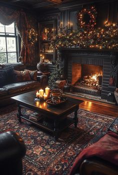 a living room filled with furniture and a fire place in front of a christmas tree