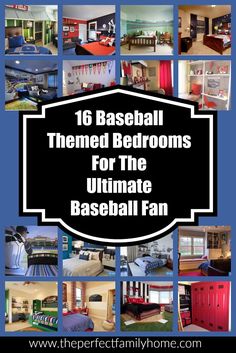 a collage of baseball themed rooms for the ultimate baseball fan, including beds and couches