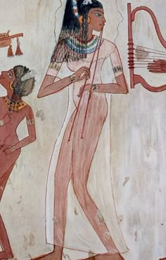 an ancient egyptian painting with two women and one is holding a staff in her hand