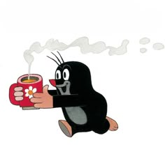 a cartoon character holding a cup of coffee with steam coming out of it's mouth