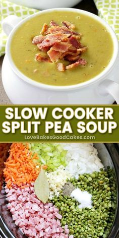 Slow Cooker Split Pea Soup pin collage Split Pea Ham Soup, Slow Cooker Split Pea Soup, Split Pea And Ham Soup, Pea And Ham Soup, Ham Soup, Split Pea Soup, Pea Soup, Split Pea, Crock Pot Soup