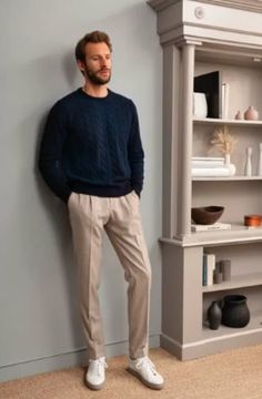 Cable Knit Sweater Outfit, Mens Fall Outfits, Money Men, Sweater Outfits Men, Blue Cable Knit Sweater, Knit Sweater Outfit