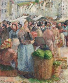 a painting of people standing around with umbrellas