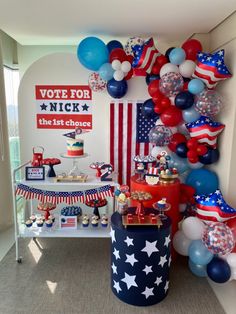 an american themed party with balloons and decorations