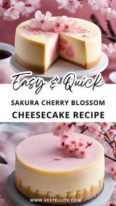 two different cheesecakes with cherry blossoms on top