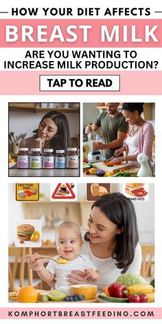 a woman holding a baby in her arms while she is eating food with the words how your diet affects breast milk are you wanting to increase milk production?