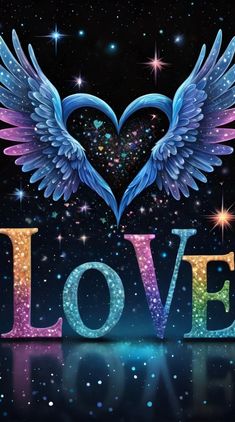 the word love with wings and stars in the background