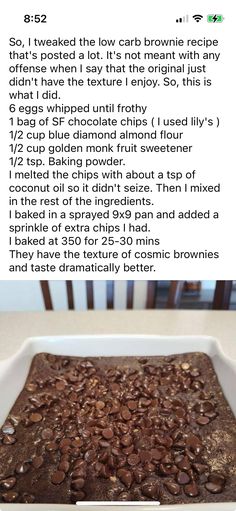 a recipe for brownies in a white dish with chocolate chips on top and an image of