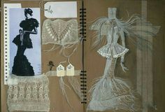 an open book with crocheted clothing and pictures on the pages, including a woman's dress