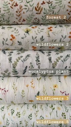 four different types of fabric with flowers on them and the words wildflowers written in white