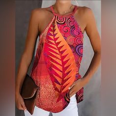 Vibrant Color Leaf Print Halter Top Size: Various Vibrant Colors Leaf Polyester Elastane Machine Wash Purple, Orange, Red New In Package 60 Outfits, Pattern Leaf, Estilo Boho Chic, Red Boho, Top Halter, Halter Tops, Plus Size Kleidung, Casual Tank Tops, Sweater Sale