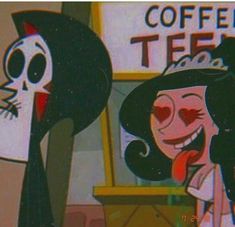 two cartoon characters are standing next to each other in front of a coffee shop sign