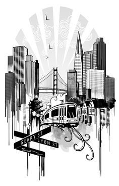 a black and white drawing of san francisco