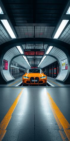 an orange sports car parked in a tunnel