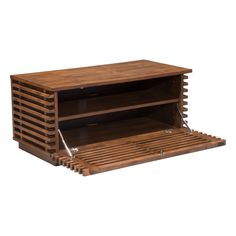 a wooden shelf with two open shelves on the front and one closed drawer on the back