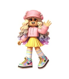 a toy doll with blonde hair and pink hat is standing in front of a white background