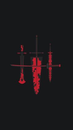 a black and red poster with two swords in the middle, one on top of the other