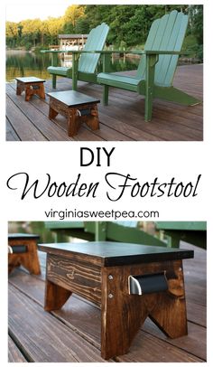 an outdoor bench made out of wood and two benches on the ground with text overlay that reads diy wooden footstool