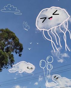 a drawing of a jellyfish floating in the sky with clouds and birds flying around