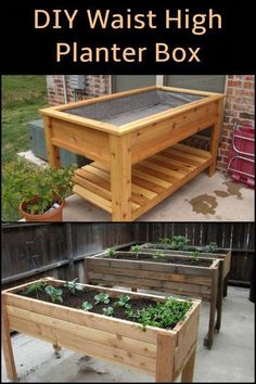 an outdoor planter box made out of pallets with plants growing in it and the words diy waist high planter box