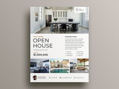 an open house flyer is shown on a blue background