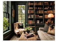 a living room filled with furniture and bookshelves next to a window covered in plants