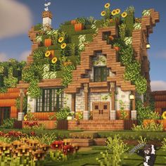 Minecraft Cottage Tower, Minecraft Houses With Copper, Minecraft Library Ideas Cottagecore, Small Cozy Minecraft House, Minecraft Mossy Cottage, Minecraft Flower Forest House, Minecraft Moss House, Minecraft Medieval Street, Minecraft Spruce House Ideas