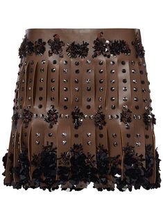 coffee brown lambskin smooth grain concealed side fastening high-waisted embroidered design sequin embellishment stud embellishment cut-out detailing A-line scallop hem thigh-length Leather Cutwork, Pink Kelly, Leather Miniskirt, Prada Mini, Prada Dress, Cotton Midi Skirt, Latest Skirts, Leather Crafting, Scallop Hem