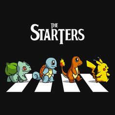 pokemon crossing the street in front of an advertisement for the starters