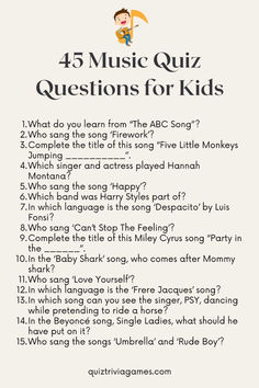 Music for kids quiz | Music for kids trivia | Music for kids questions and answers | Music for kids quiz questions and answers | Music for kids trivia questions and answers | Music for kids Music for kids question and answers | Music for kids quiz trivia | Music for kids quiz questions | free Music for kids trivia game | free Music for kids trivia questions Kids Trivia Questions And Answers, Kids Trivia Questions, Kids Quiz Questions, Music Trivia Questions, Miley Cyrus Songs, Katy Perry Songs, Quiz For Kids, Trivia Questions For Kids, Quizzes For Kids