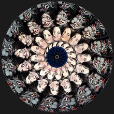 a group of people with faces painted on them are seen in the center of a circular pattern