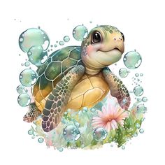 a green sea turtle swimming in the ocean with bubbles and flowers around it's neck