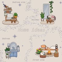 the four images show different rooms with plants and furniture