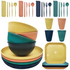 colorful dishes and utensils are arranged next to each other