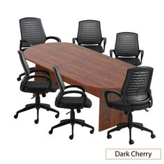 an office table with six chairs and a dark cherry wood finish on the top, in front of a white background